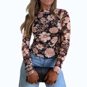 5414. Floral Long Sleeve Mesh Top - Black and Brown